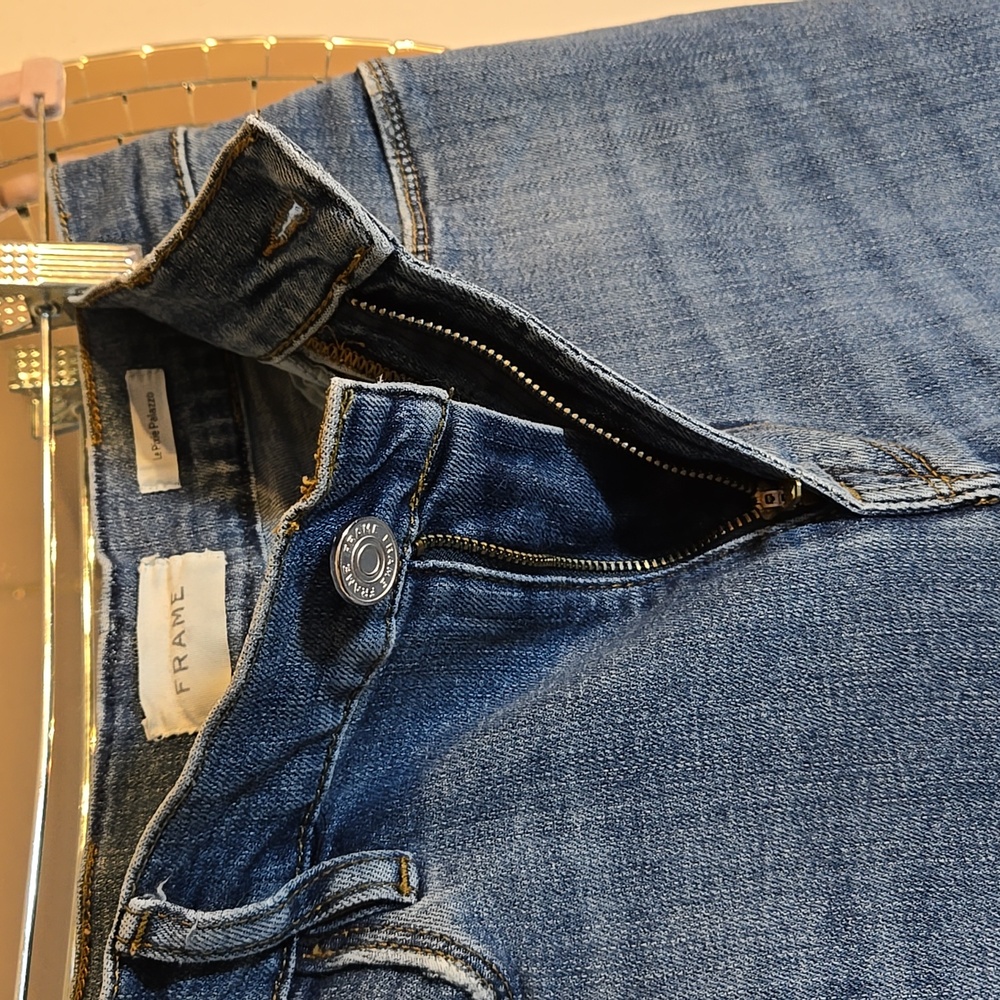 Frame Le Palazzo Ankle Super Strech Wide-Leg Raw Hem Cotton Denim Jeans - Picture 10 of 14